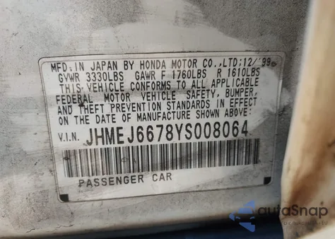 2000 Honda Civic Lx z USA, uszkodzony, nr VIN JHMEJ6678YS008064